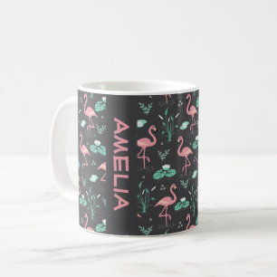  Rosa flamingo söt grå mönster namn Kaffemugg