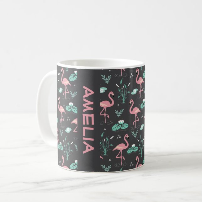 Rosa Flamingo söt grått mönster namn Kaffemugg (Framsida vänster)