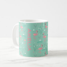 Rosa Flamingo söt grön turkos mönster namn Kaffemugg