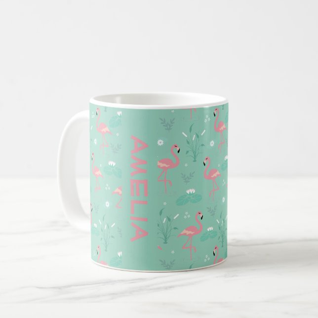 Rosa Flamingo söt grön turkos mönster namn Kaffemugg (Framsida vänster)