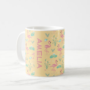 Rosa Flamingo söt gul mönster namn Kaffemugg