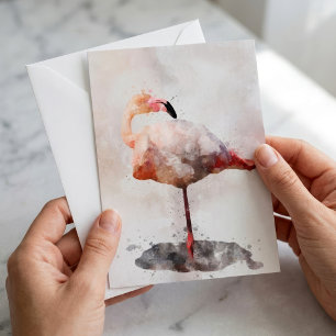 Rosa Flamingo Stående i Akvarell Konsttryck Anteckningskort