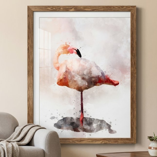 Rosa flamingo stående i akvarell konsttryck fototryck (Pink Flamingo Standing in Watercolor Art Print. Photo Print)
