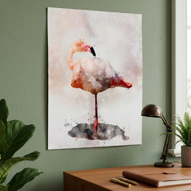 Rosa Flamingo Stående i Akvarell Konsttryck Poster (Pink Flamingo Standing in Watercolor Art Print. Poster)