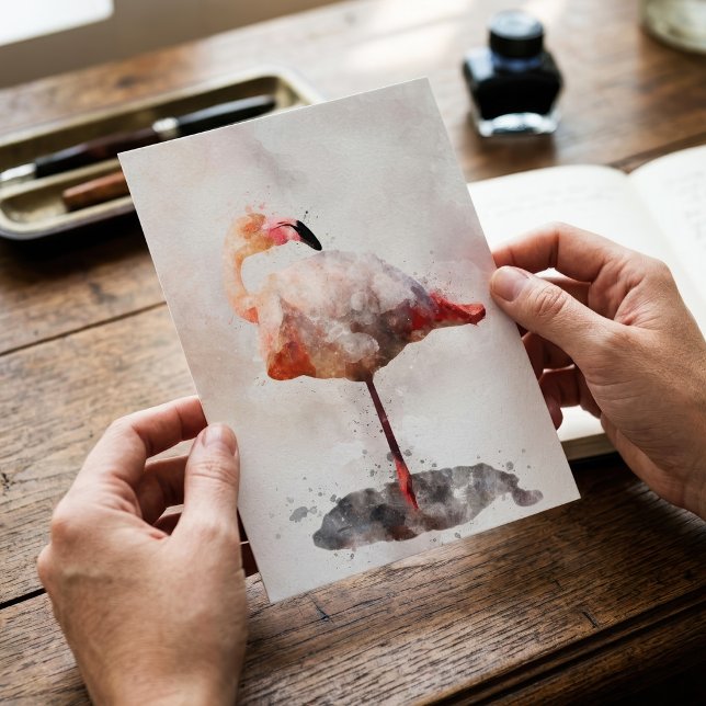 Rosa Flamingo Stående i Akvarell Konsttryck Vykort (Pink Flamingo Standing in Watercolor Art Print. Postcard)