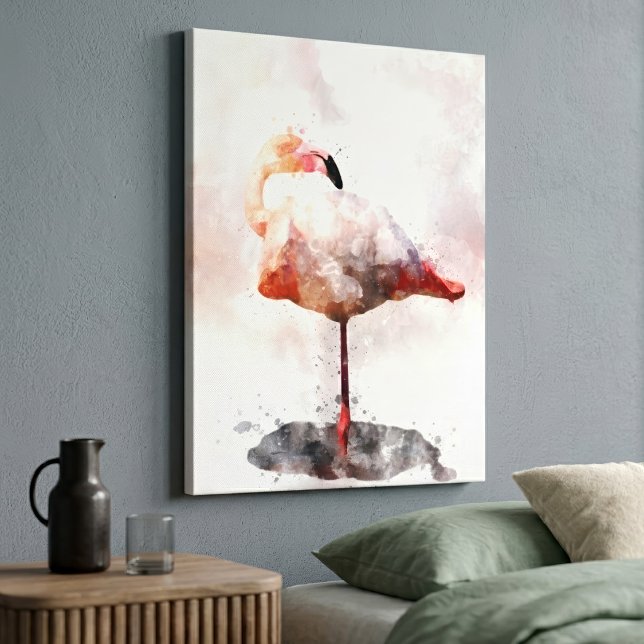 Rosa Flamingo Stående i Vattenfärg Konsttryck Canvastryck (Pink Flamingo Standing in Watercolor Art Print. Canvas Print)