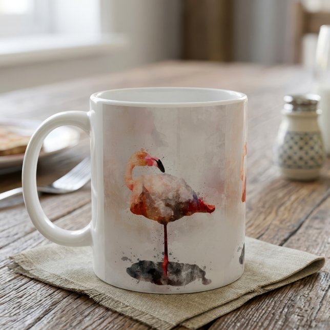 Rosa Flamingo Stående i Vattenfärg Konsttryck Kaffemugg (Pink Flamingo Standing in Watercolor Art Print. Coffee Mug)