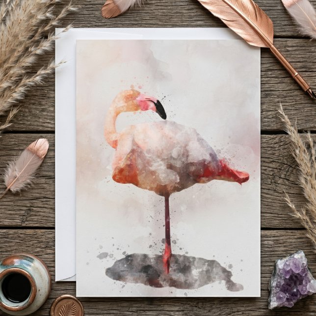 Rosa Flamingo Stående i Vattenfärg Konsttryck Tack Kort (Pink Flamingo Standing in Watercolor Art Print. Thank You Card)