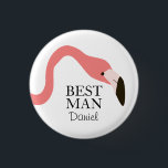 Rosa Flamingo Stollig Best Man Knapp<br><div class="desc">Den här designen är en liten knapp för din bäste man och har en rosa flamingo med sin långa, grå nacke över anpassningsbarnas text. Infoga din bästa mans namn i ställe i det urval namn som visas i designmallen. All text på den här kommandoknappen kan anpassas efter dina önskemål. Med...</div>