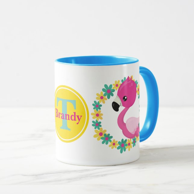 Rosa Flamingo strand roligt add namn initial mugg (Framsida höger)