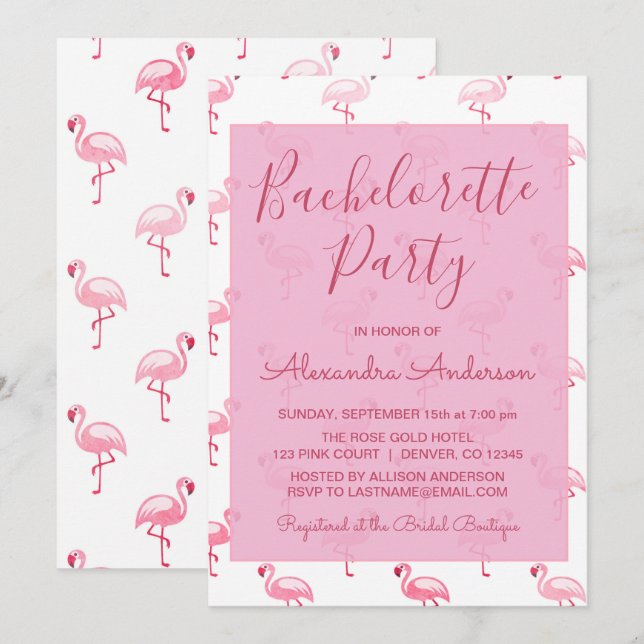Rosa Flamingo Summer Bachelorette Party Inbjudningar (Fram/baksida)