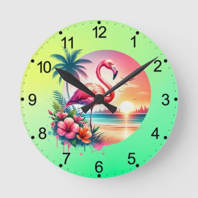 Rosa Flamingo Sunset Clipart Rund Klocka (Framsida)