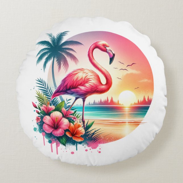 Rosa Flamingo Sunset Clipart Rund Kudde (Framsidan)