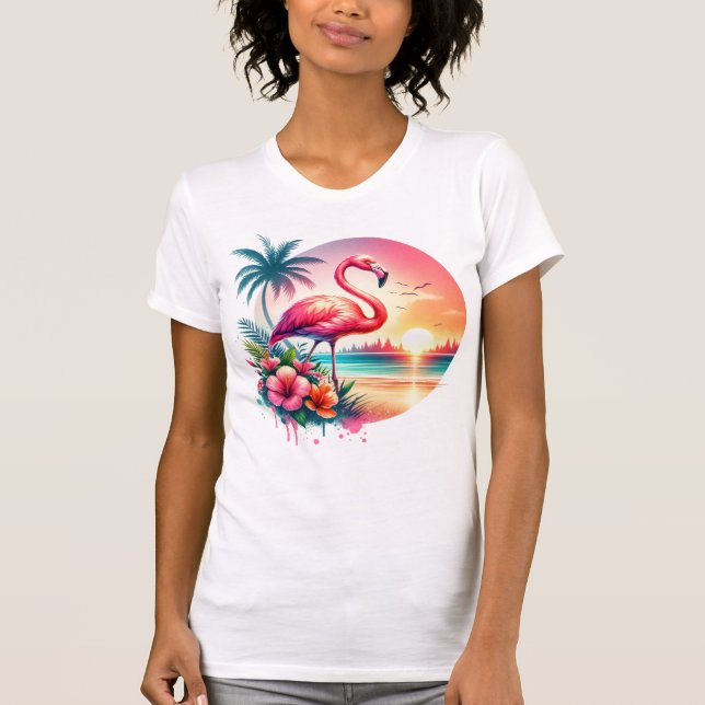 Rosa Flamingo Sunset Clipart T Shirt (Framsida)