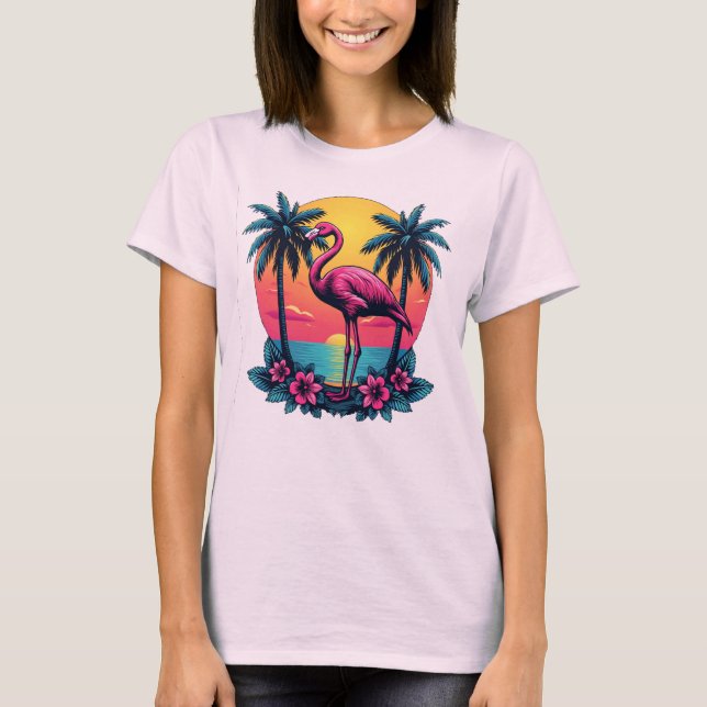 Rosa Flamingo Sunset Tee - Tropical Women's Shirt (Framsida)