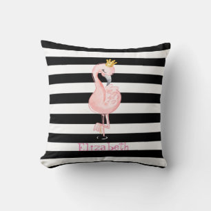 Rosa Flamingo, Svart Kron, Vita Ränder Kudde