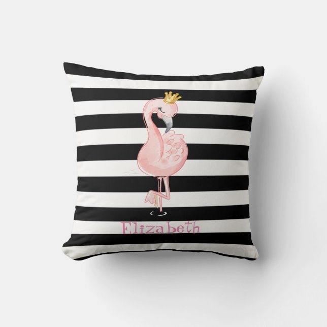 Rosa Flamingo, Svart Kron, Vita Ränder Kudde (Framsida)