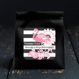 Rosa flamingo svart och vit randig tack fyrkantigt klistermärke
