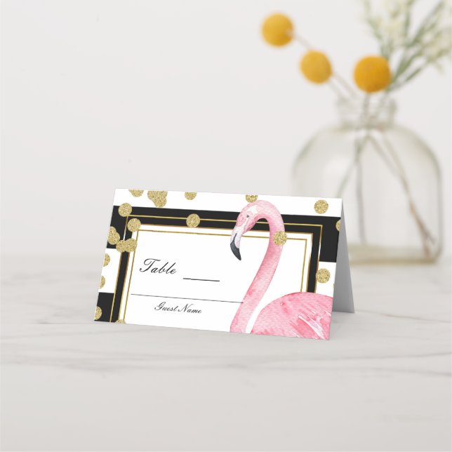 Rosa Flamingo Svart Vitt Guld Bordnummer Placeringskort (Baksida)