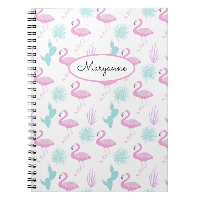Rosa Flamingo Teal Cactus Personalize Namn Anteckningsbok (Framsidan)