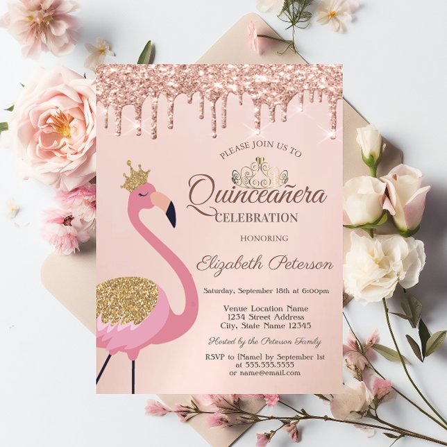 Rosa flamingo, tiara, roséguld-dropar Quinceañera Inbjudningar (Skapare uppladdad)