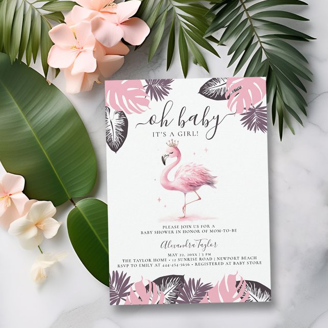 Rosa Flamingo Tiara Tropical Chic Girl Baby Shower Inbjudningar (pink flamingo baby girl shower invitation cute watercolor tropical invite purple blush summmer fun)