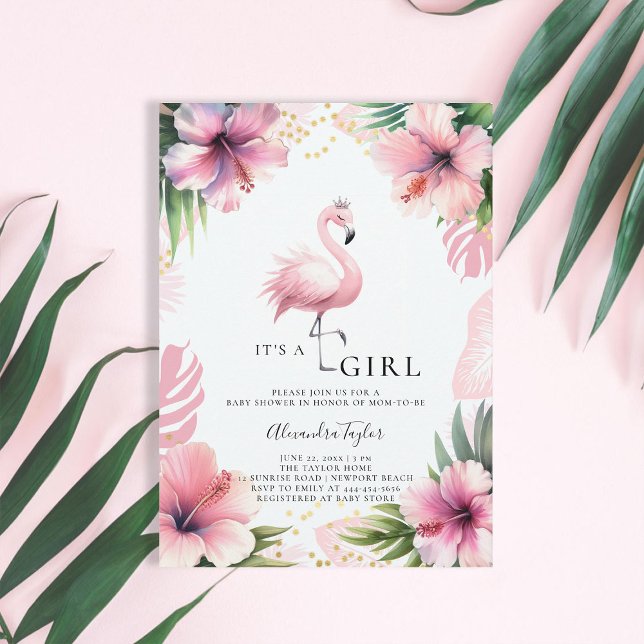 Rosa Flamingo Tiara Tropical Girl Baby Shower Inbjudningar (pink flamingo baby girl shower invitation hibiscus tropical floral palm leaf watercolor gold elegant)