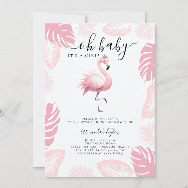 Rosa Flamingo Tiara Tropical Löv Girl Baby Shower Inbjudningar (Framsida)