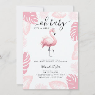 Rosa Flamingo Tiara Tropical Löv Girl Baby Shower Inbjudningar