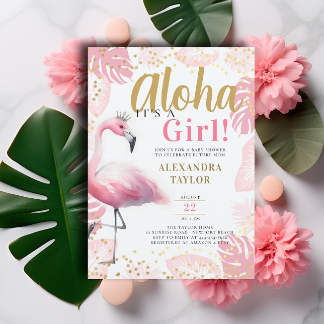 Rosa Flamingo Tropical Aloha Girl Baby Shower Inbjudningar (pink flamingo baby girl shower invitation summer tropical foliage gold tiara aloha hawaii elegant)