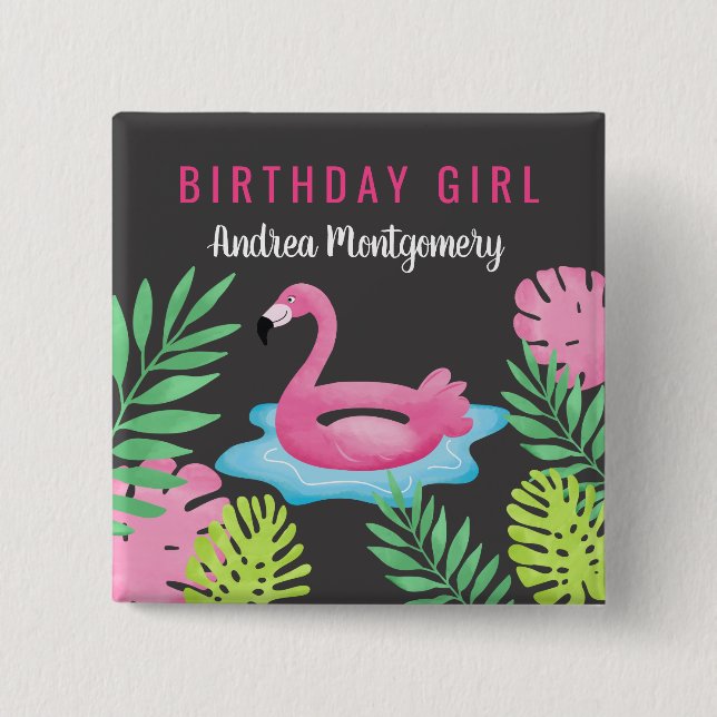 Rosa Flamingo Tropical Bassäng Party Button Namn b Knapp (Framsida)