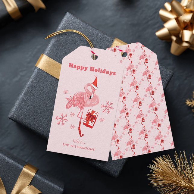 Rosa Flamingo Tropical Beach Bird-jul Presentetikett (Pink Flamingo Tropical Beach Bird Christmas Gift Tags)
