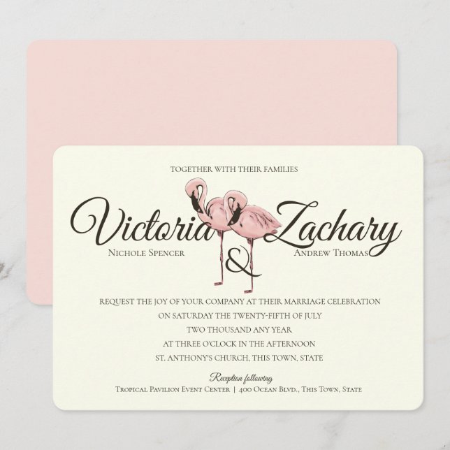 Rosa Flamingo Tropical Beach Wedding Inbjudningar (Fram/baksida)