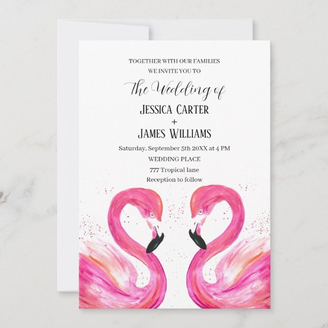 Rosa Flamingo Tropical Beach Wedding Inbjudningar (Framsida)