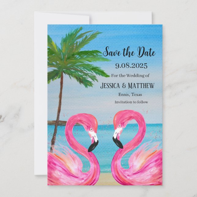 Rosa Flamingo Tropical Beach Wedding Inbjudningar (Framsida)