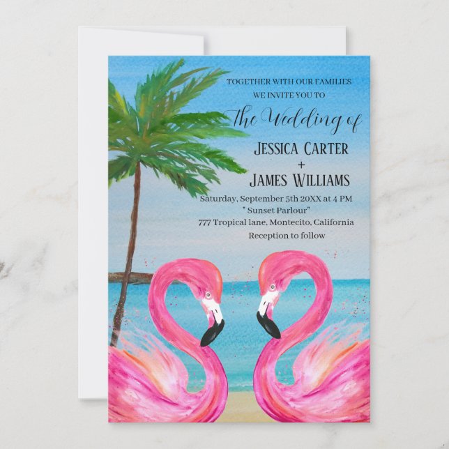 Rosa Flamingo Tropical Beach Wedding Inbjudningar (Framsida)