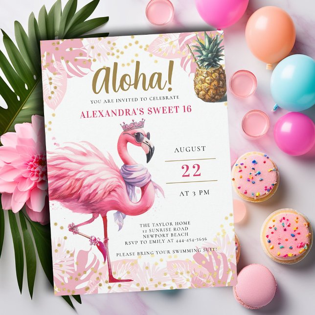Rosa Flamingo Tropical Blommigt Aloha Party Sweet  Inbjudningar (pink flamingo sweet sixteen birthday party invitation pool beach summer pineapple cocktails cute fun)