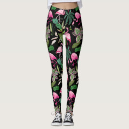 Rosa Flamingo Tropical Botanical Black Background Leggings