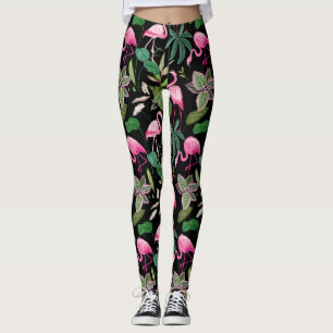 Rosa Flamingo Tropical Botanical Black Background Leggings