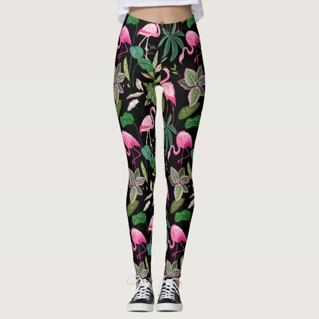 Rosa Flamingo Tropical Botanical Black Background Leggings (Framsida)