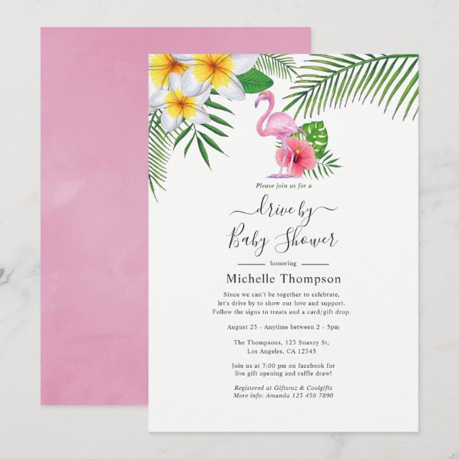 Rosa Flamingo Tropical Drive by Shower Inbjudningar (Fram/baksida)