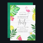 Rosa Flamingo Tropical Exotic 30års födelsedag Par Inbjudningar<br><div class="desc">Partsinbjudan från 30års födelsedag med rutt med exotisk tropisk blad och blommor,  färska frukter,  flamingo och handskriftstypografi av trendig.</div>