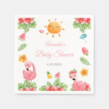 Rosa Flamingo Tropical Flowers Baby Shower Napkins