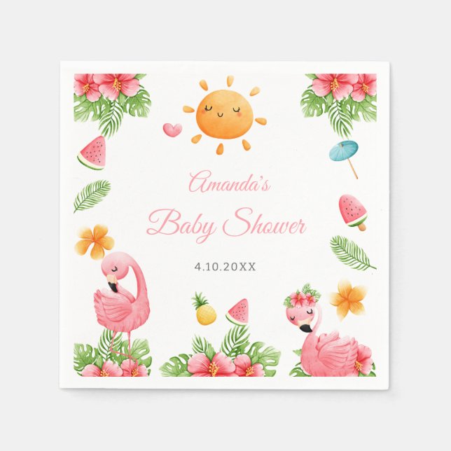 Rosa Flamingo Tropical Flowers Baby Shower Napkins Pappersservett (Framsidan)