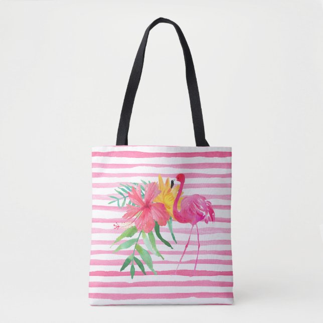 Rosa Flamingo Tropical Flowers Beach Bag Tygkasse (Framsida)