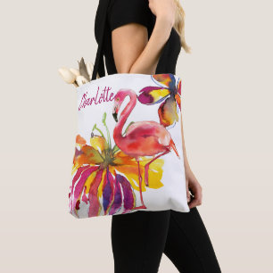 Rosa Flamingo Tropical Flowers Personlig Tygkasse