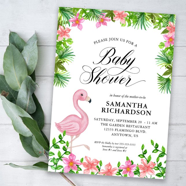 Rosa Flamingo Tropical Flowers Script Baby Shower Inbjudningar (Skapare uppladdad)