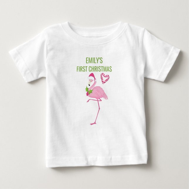 Rosa Flamingo Tropical Första jul T Shirt (Framsida)