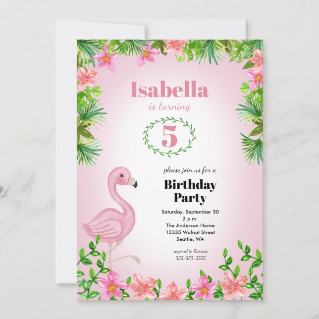 Rosa Flamingo Tropical Girls Birthday Inbjudningar (Framsida)