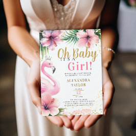 Rosa Flamingo Tropical Guld är en babyskor för fli Inbjudningar